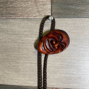 Vintage bolo tie carved resin necklace hahoe mask marked 38"